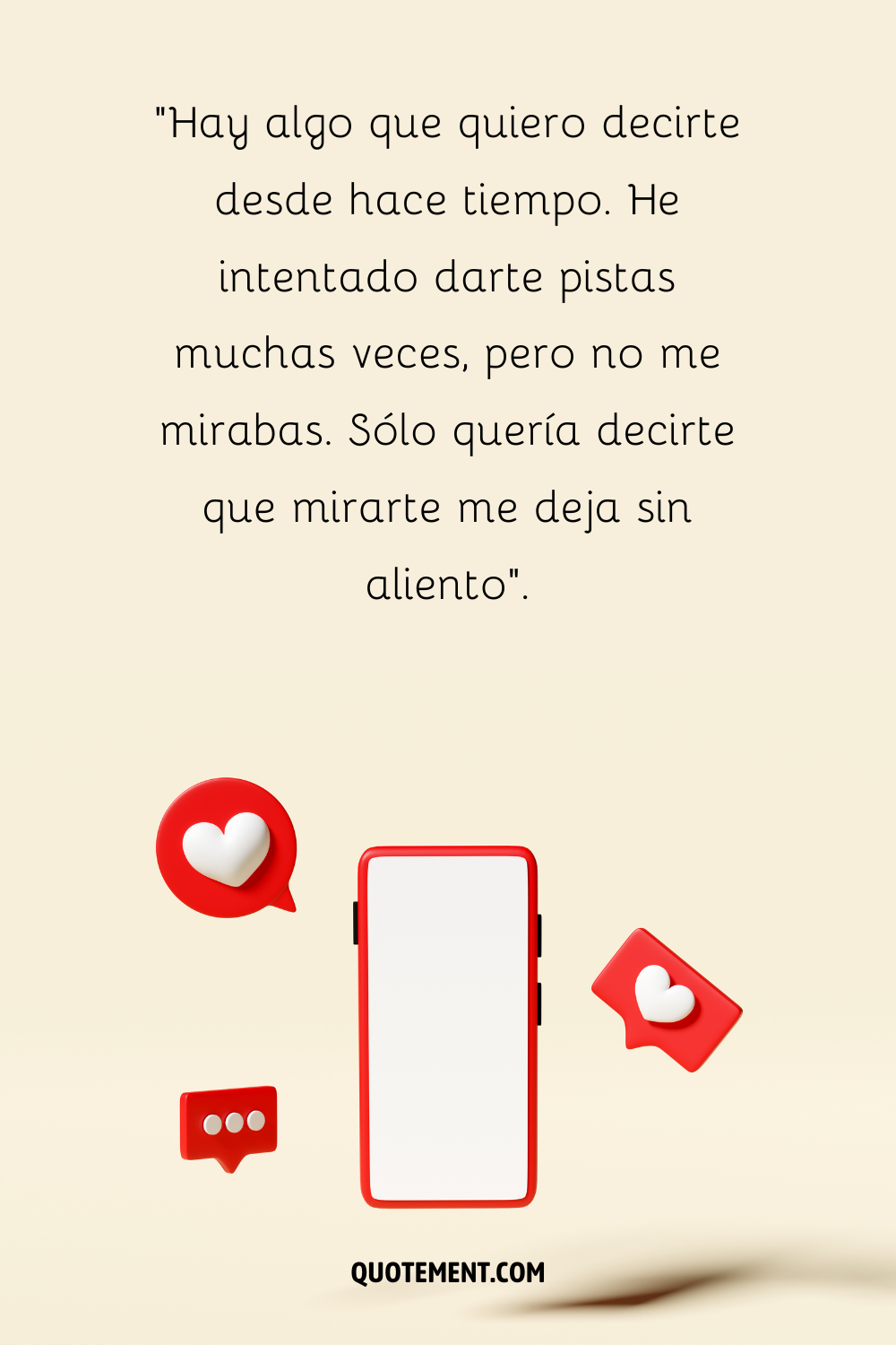 Un smartphone con la pantalla en blanco y emojis de corazones rojos y un emoji de bocadillo al lado