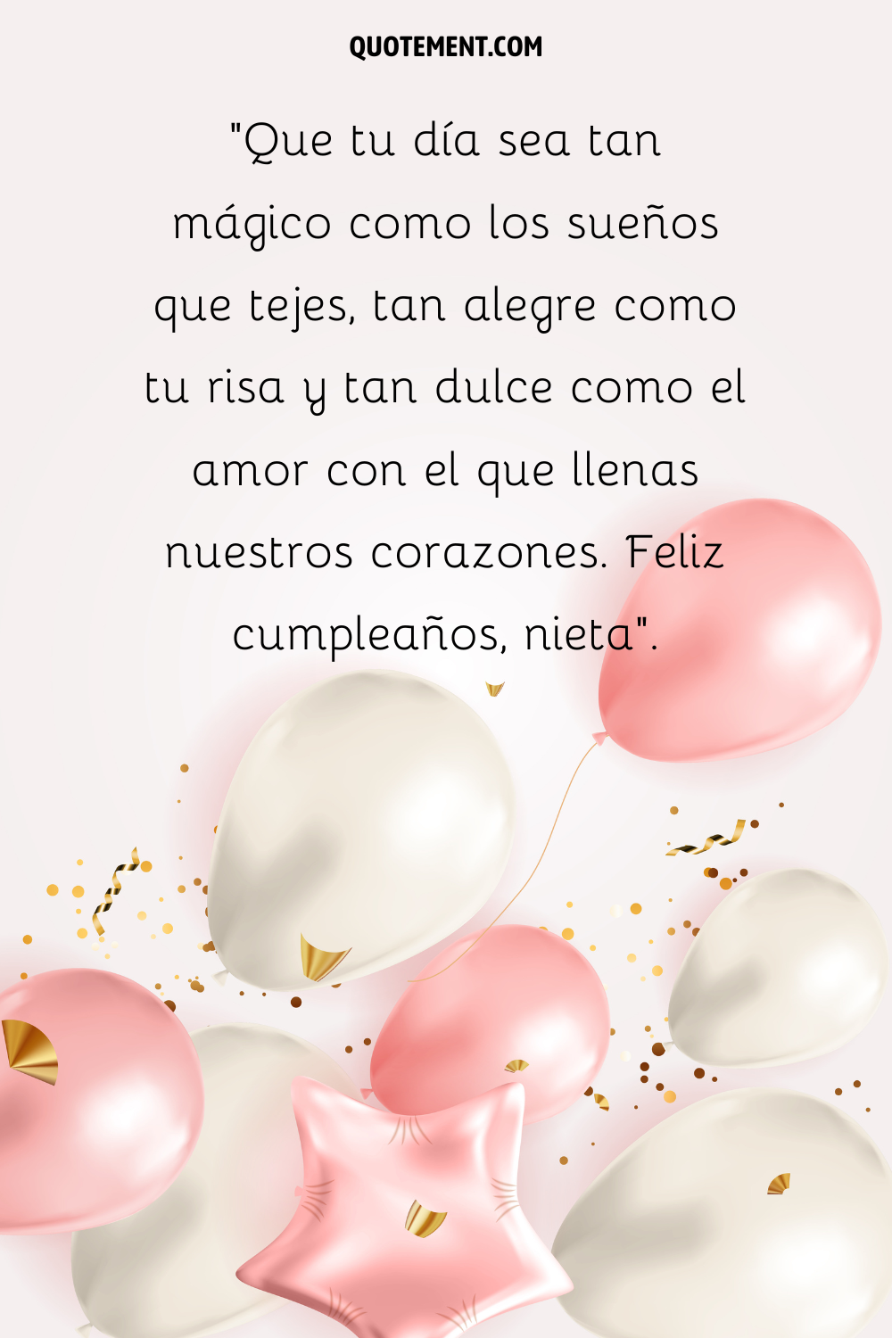 Un fondo blanco con globos en colores rosa y blanco y confeti dorado