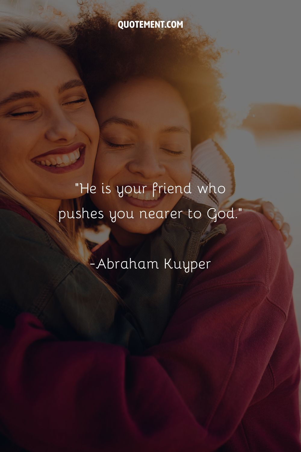 Two female friends smiling and embracing each other representing an inspiring Christian friendship quote
