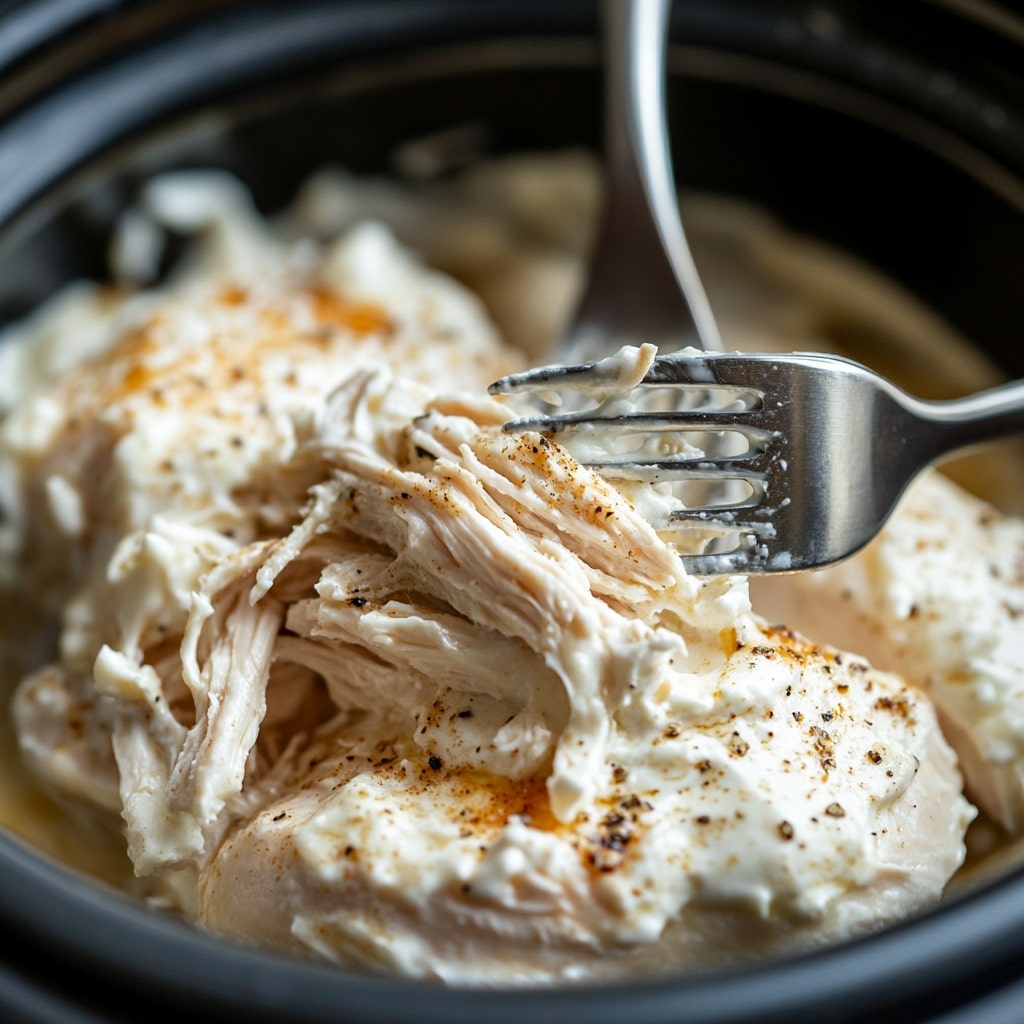 Slow-Cooker-Chicken-Being-Shredded-Into-Small-Pieces