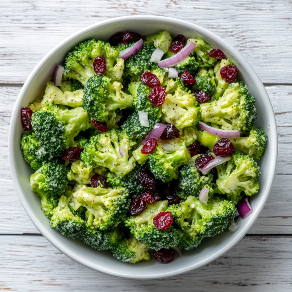 broccoli-florets-onions-cranberries-and-dressing-in-a-white-bowl
