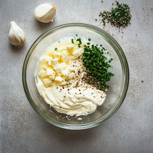 mayo-sour-cream-pressed-garlic-clove-chopped-chives-black-pepper-and-salt-in-a-small-glass-bowl
